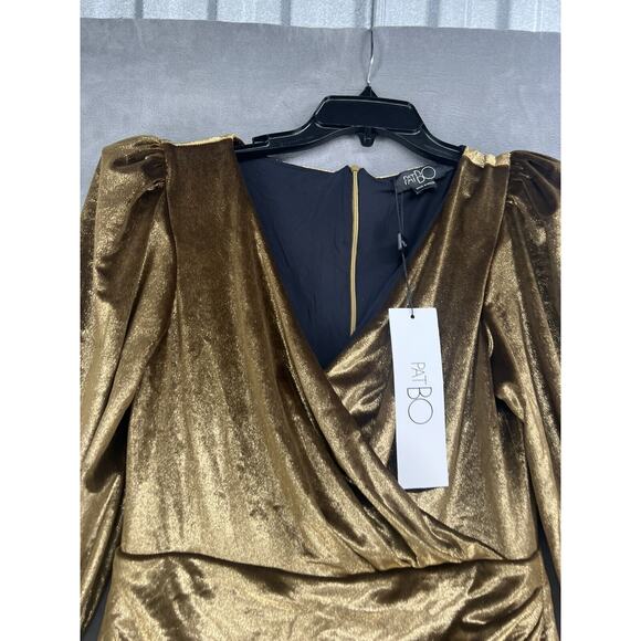 PatBO Metallic Velvet Mini Dress Size 10 Gold V Neck Womens Dress Empire Waist - Picture 5 of 14